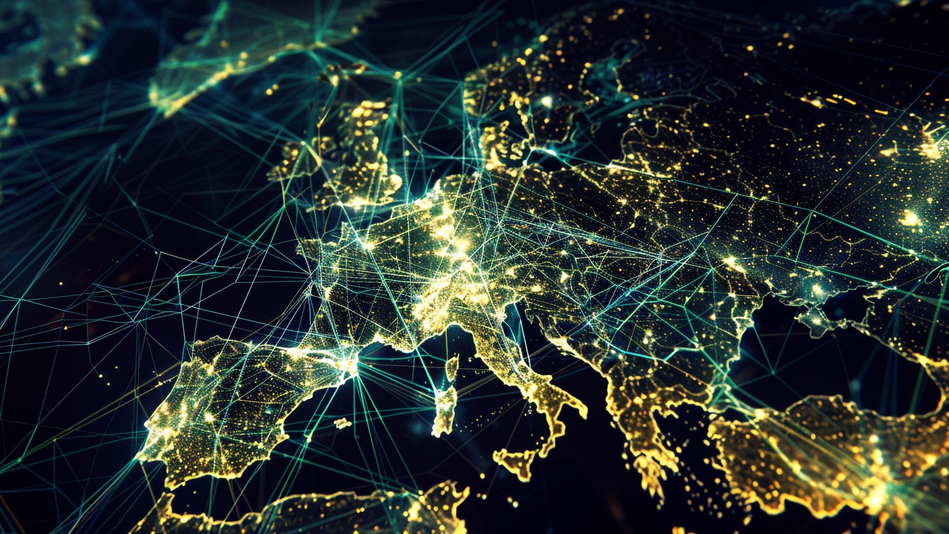 Um mapa digital da Europa que mostra uma rede de linhas interligadas e nós brilhantes. As linhas representam conexões, possivelmente simbolizando redes tecnológicas ou de comunicação. Este mapa visualmente impressionante, reminiscente do estudo da DE-CIX, utiliza cores brilhantes, semelhantes a néon, contra um fundo escuro. - Efacont