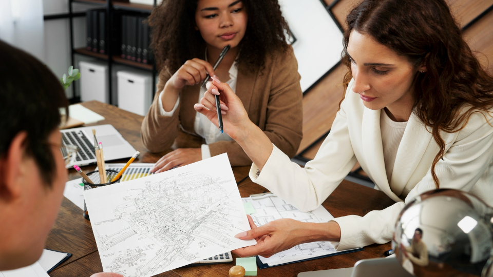 Duas mulheres estão sentadas a uma mesa, prestando consultoria sobre uma planta arquitetônica. A mulher da direita, vestida com blazer branco, segura e aponta para a planta com um lápis. A mulher da esquerda, vestida com blazer marrom, escuta com atenção. A mesa está cheia de documentos e material de escritório. - Efacont