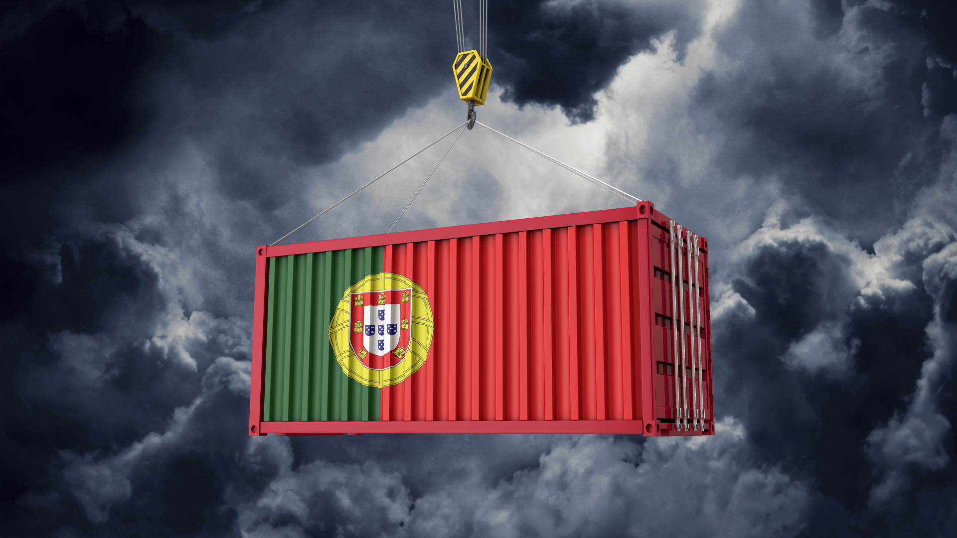 Um grande contêiner de transporte pintado com as cores e o emblema da bandeira portuguesa está suspenso por cabos de um guindaste, simbolizando os crescimentos das hastes. O fundo é dramático com nuvens escuras e ameaçadoras, dando uma sensação de tensão e movimento na cena. - Efacont