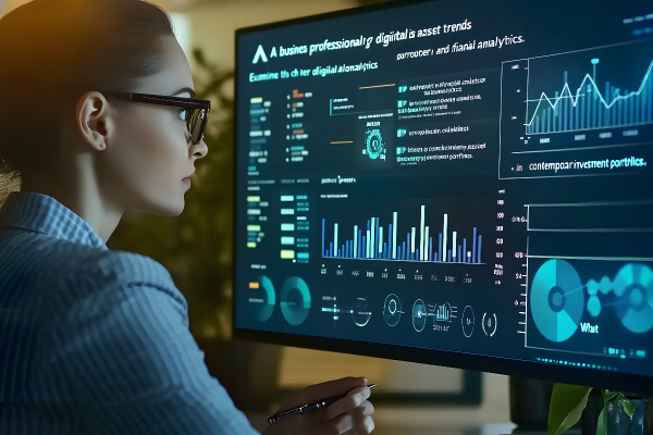 Uma mulher usando óculos está sentada em uma mesa, olhando atentamente para um grande monitor de computador exibindo vários gráficos, tabelas e visualizações de dados relacionados a tendências de ativos digitais. Com tecnologia da Inteligência Artificial, a tela exibe gráficos de barras, gráficos de linhas e gráficos de pizza em uma interface moderna auxiliando Fisco inspeção tributária. - Efacont