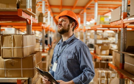 Um homem em um depósito inspeciona mercadorias empilhadas, ponderando "o que é" por trás de suas etiquetas. Ele usa um capacete laranja, uma camisa listrada azul e um cordão com um crachá de identificação. Segurando uma prancheta, ele olha para cima para as fileiras organizadas de caixas em prateleiras laranja. - Efacont