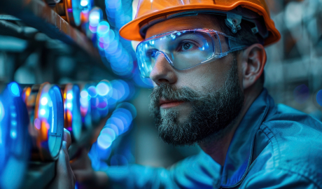 Um homem com barba, usando um capacete e óculos de proteção transparentes, examina atentamente uma complexa gama de máquinas com luzes azuis e laranja brilhantes. Vestido com uma jaqueta de trabalho, ele personifica o futuro da Industria 5.0 em um ambiente industrial ou de alta tecnologia inovador. - Efacont